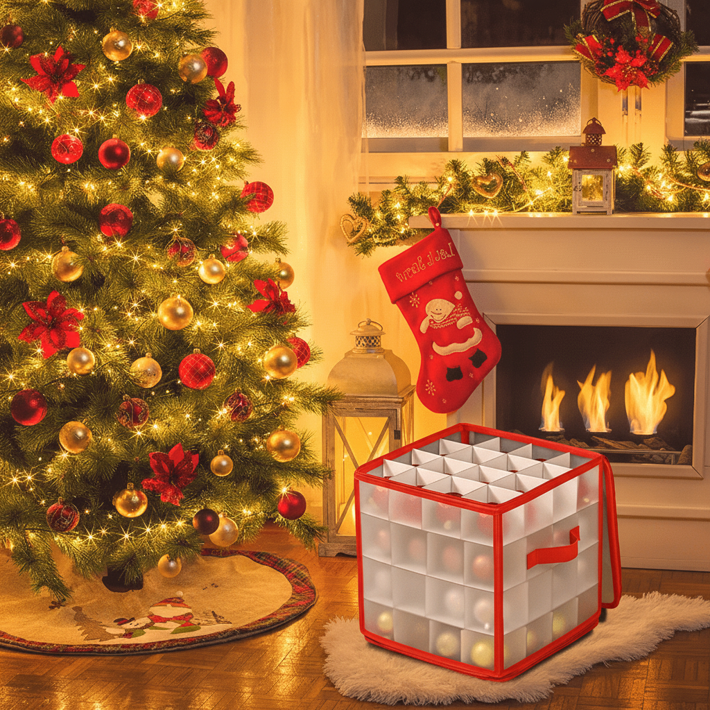 Clear Christmas Ornament Storage Cube with Zipper and Dividers