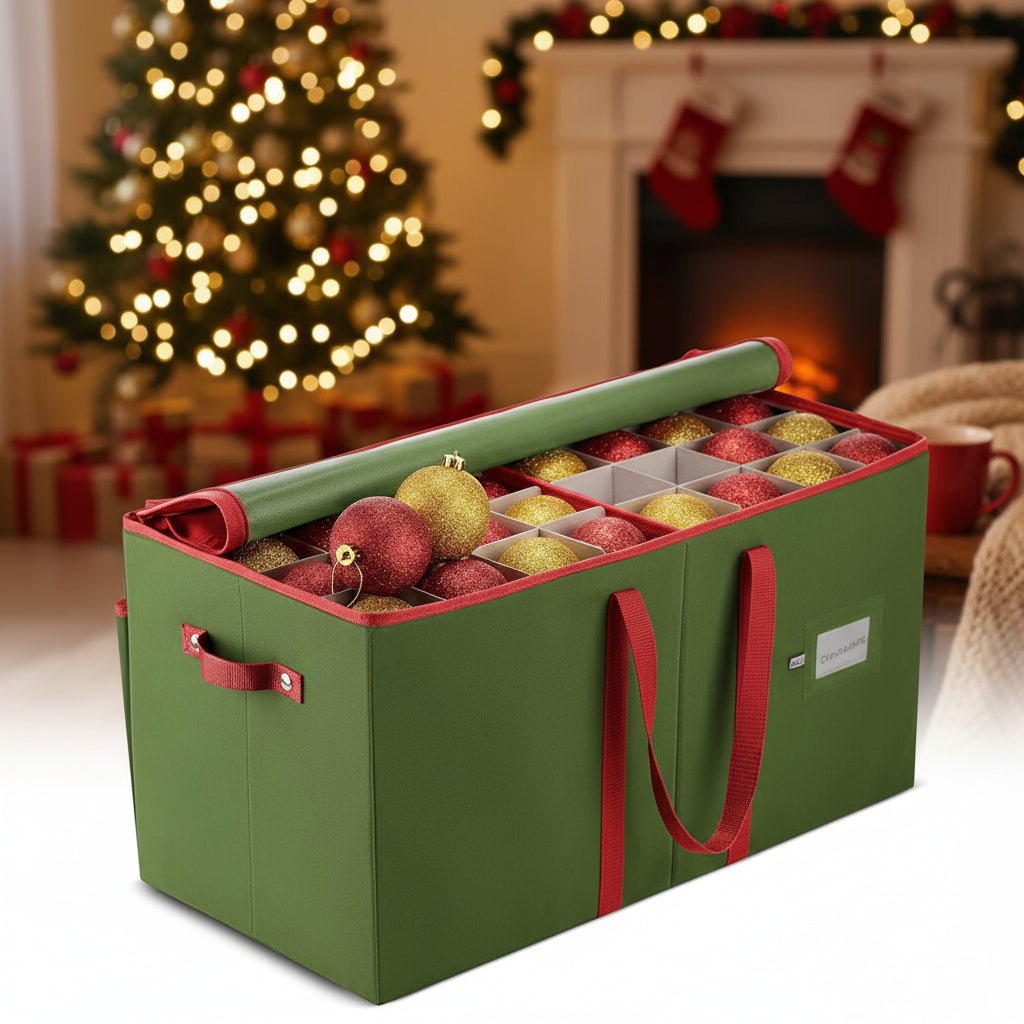 Christmas Ornament Storage Tote with Adjustable Dividers, Up to 128 Ornaments
