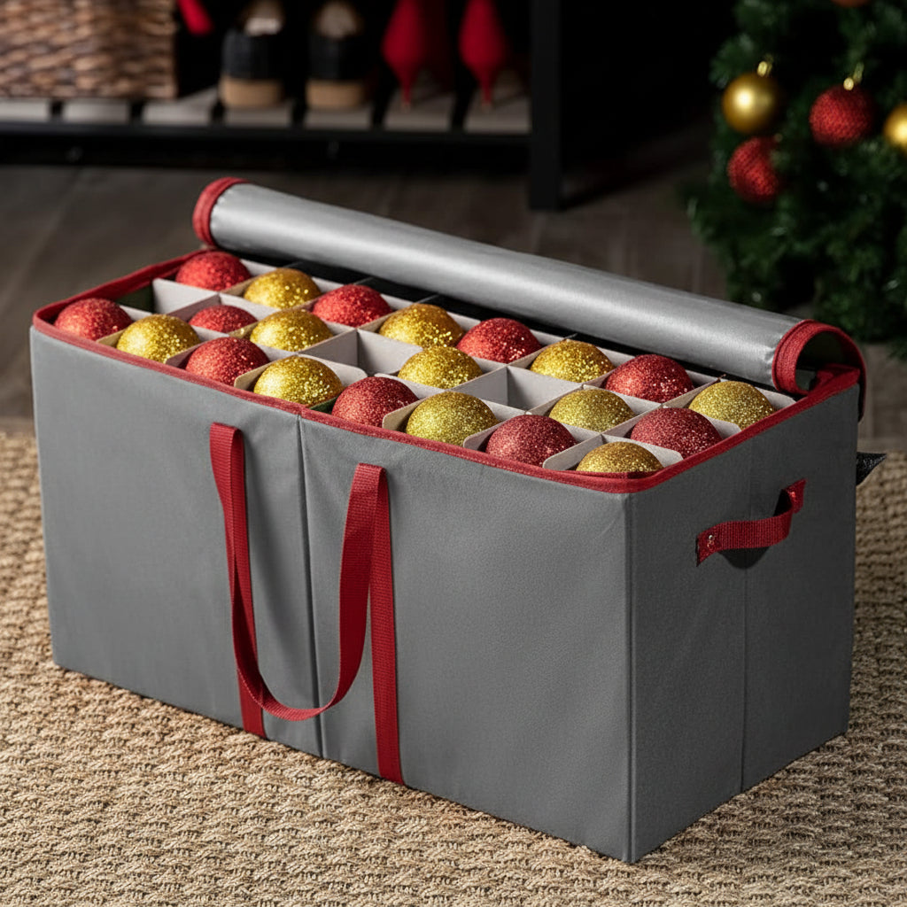 Christmas Ornament Storage Tote with Adjustable Dividers, Up to 128 Ornaments