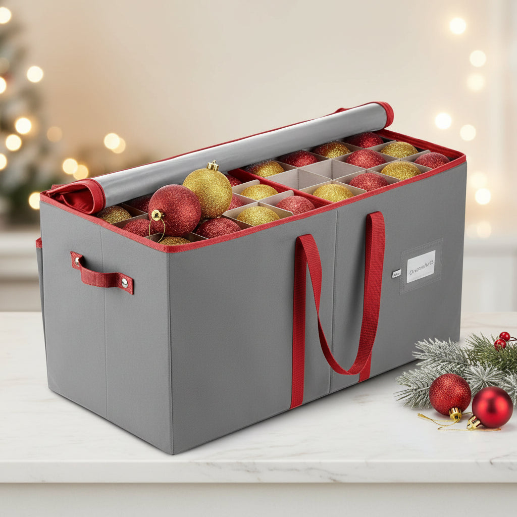 Christmas Ornament Storage Tote with Adjustable Dividers, Up to 128 Ornaments