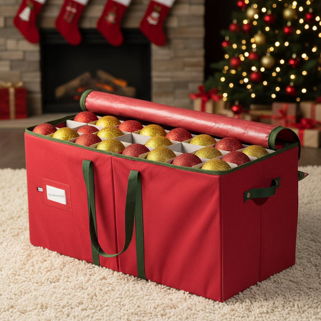 Christmas Ornament Storage Tote with Adjustable Dividers, Up to 128 Ornaments