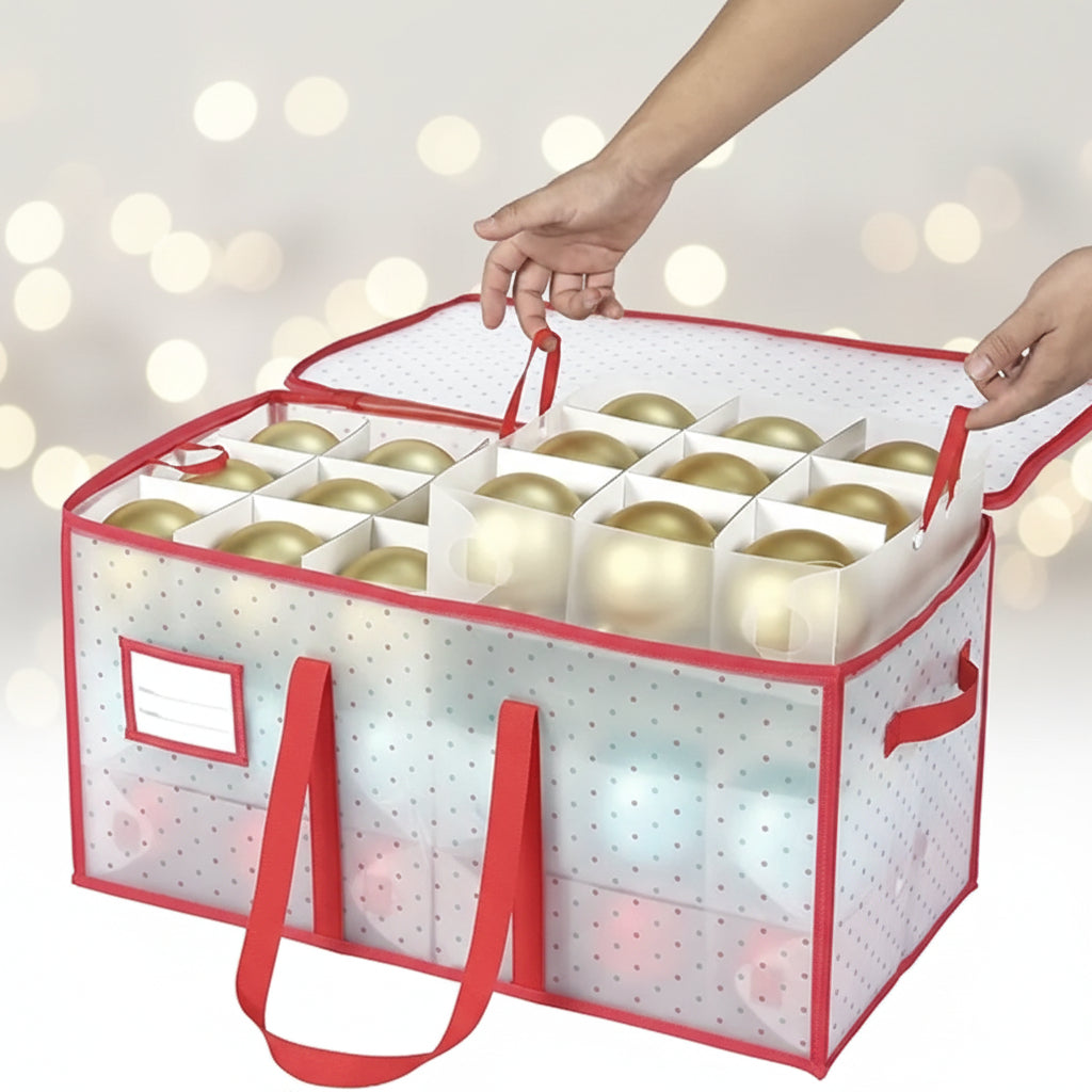 Zippered Clear Ornament Storage Box with Double-Sided Trays, Up to 128 Ornaments