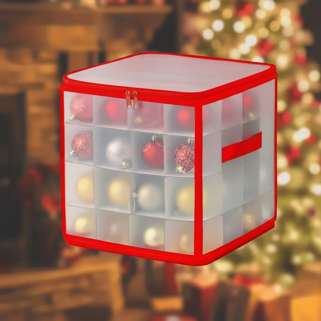 Clear Christmas Ornament Storage Cube with Zipper and Dividers