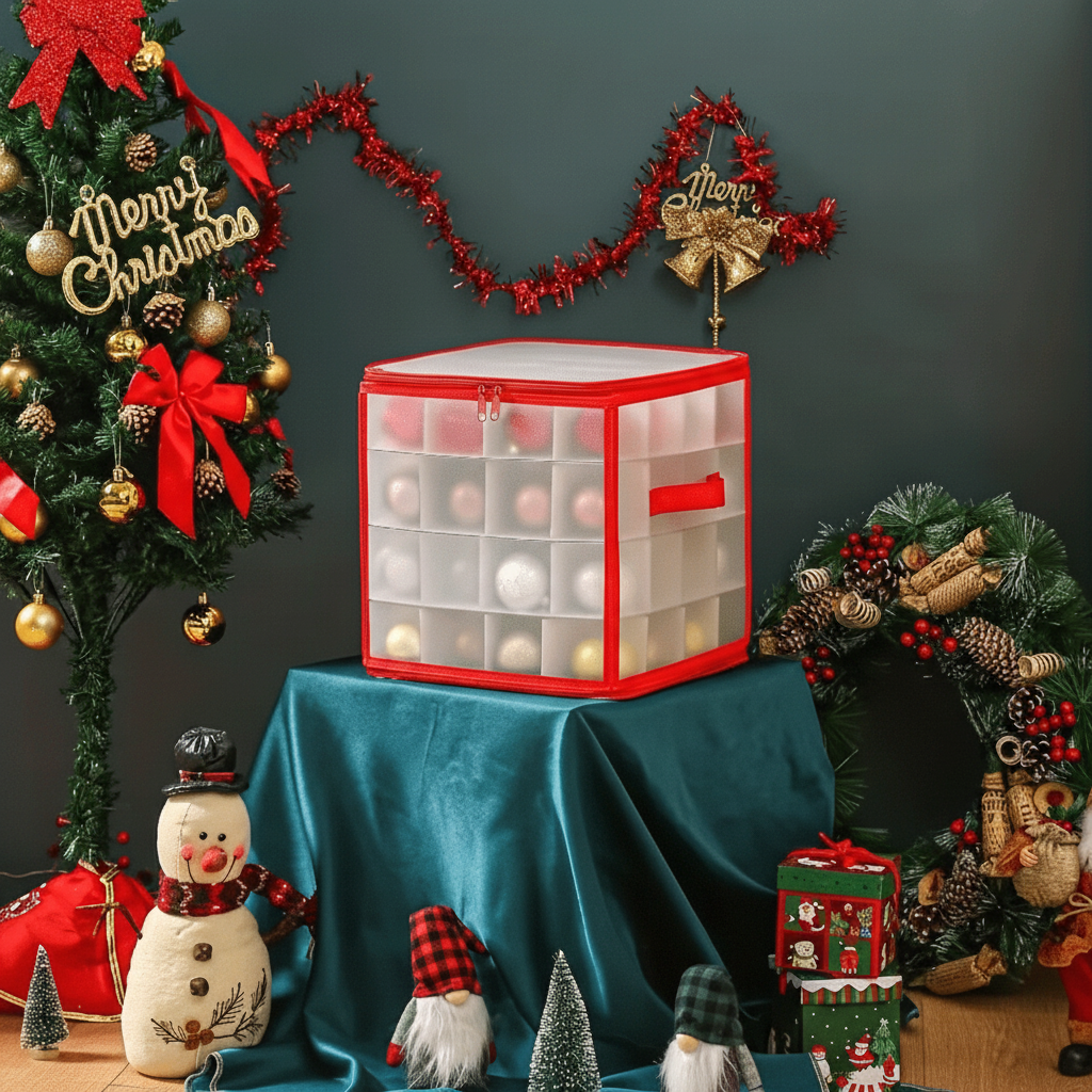 Clear Christmas Ornament Storage Cube with Zipper and Dividers
