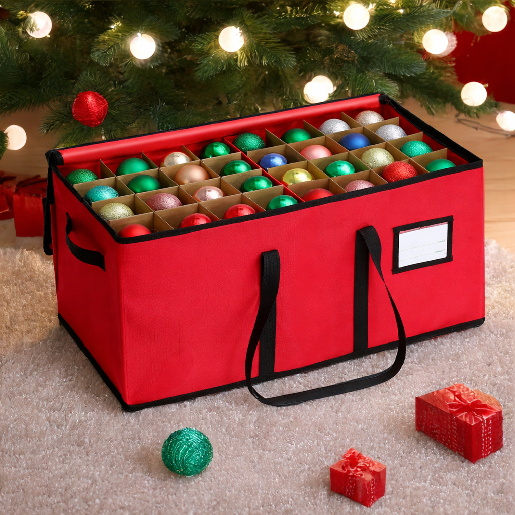 Stackable Fabric Ornament Storage Box with 3 Trays and Rope Handles