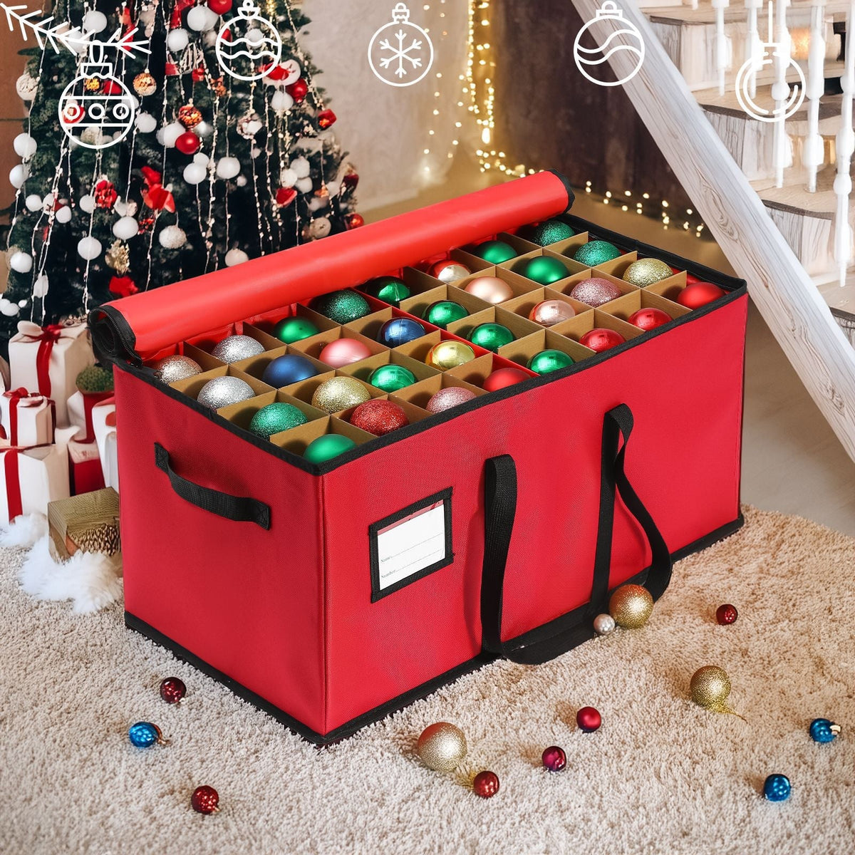 Stackable Fabric Ornament Storage Box with 3 Trays and Rope Handles