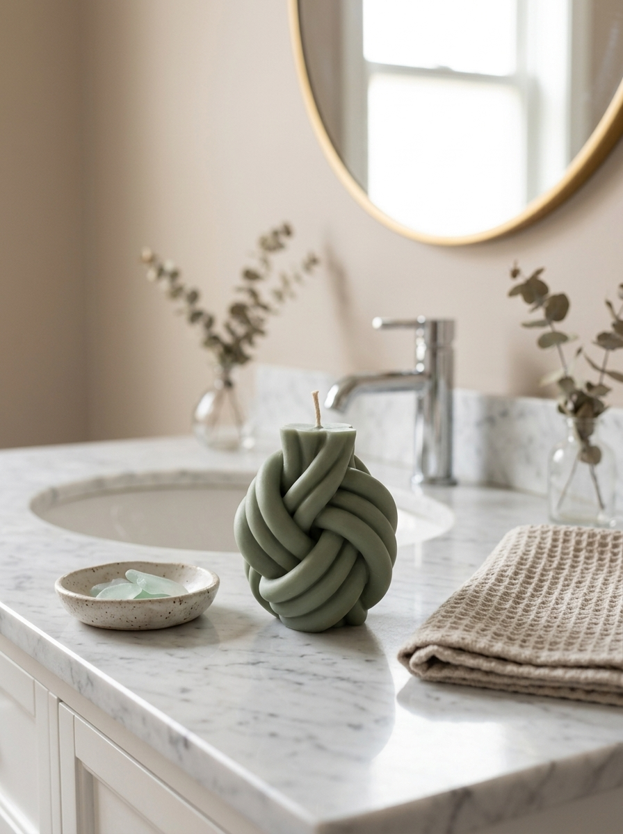 Aria Knot Candle - styled on a bathroom vanity