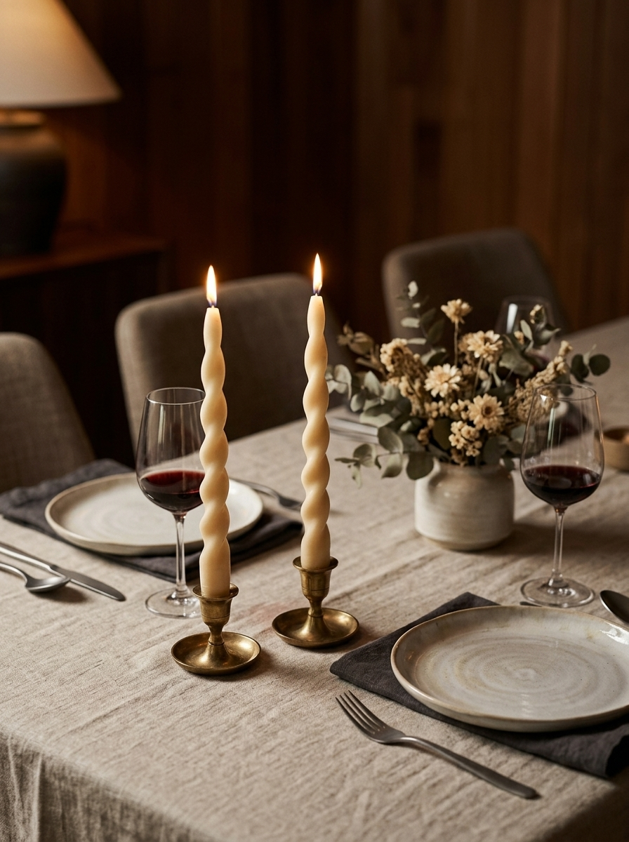 Dune Twisted Taper Candles - lit on a dinner table