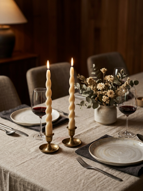 Dune Twisted Taper Candles - lit on a dinner table