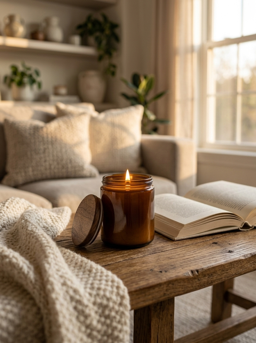 Ember Glow Amber Jar Soy Candle - styled on a coffee table