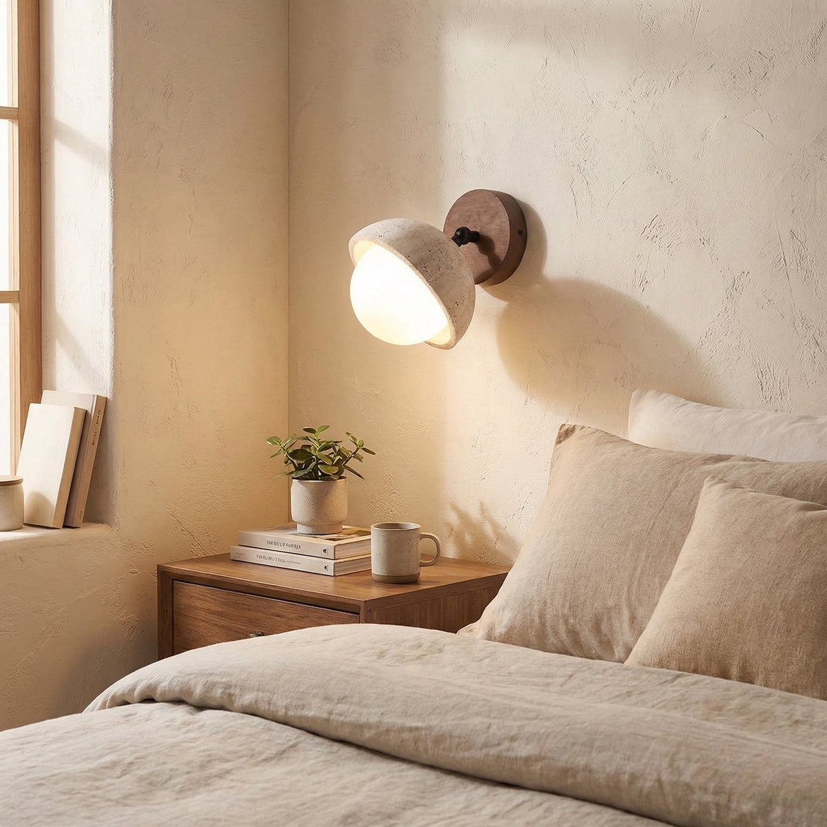 Adjustable circular travertine wall light with frosted glass diffuser and round wood base 2