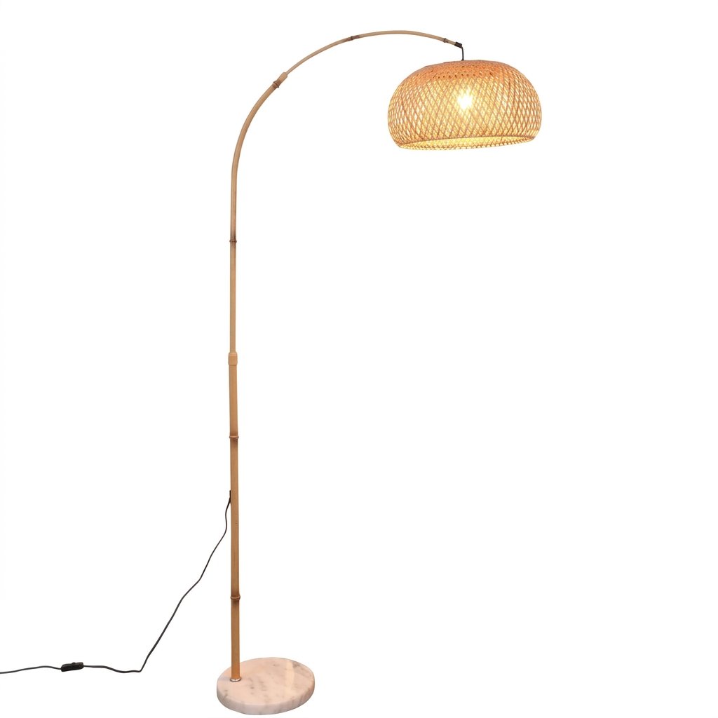 Artisanal adjustable arc floor lamp with hand-woven rattan shade and marble base