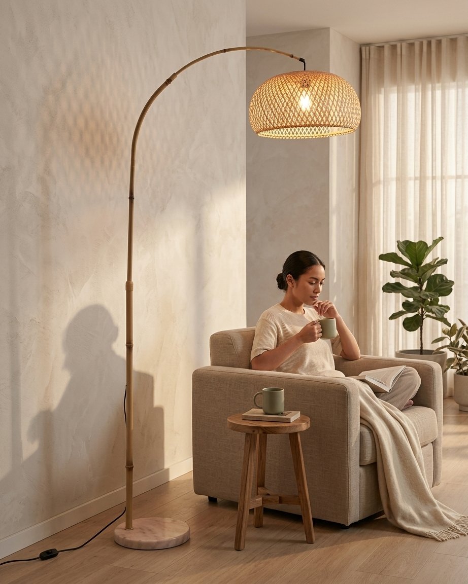 Artisanal adjustable arc floor lamp with hand-woven rattan shade and marble base 2