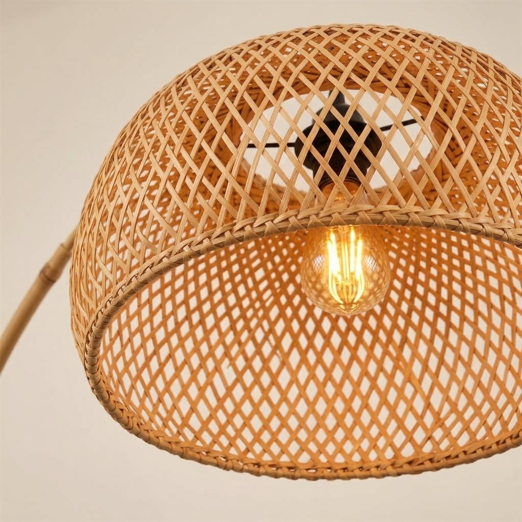 Artisanal adjustable arc floor lamp with hand-woven rattan shade and marble base 3