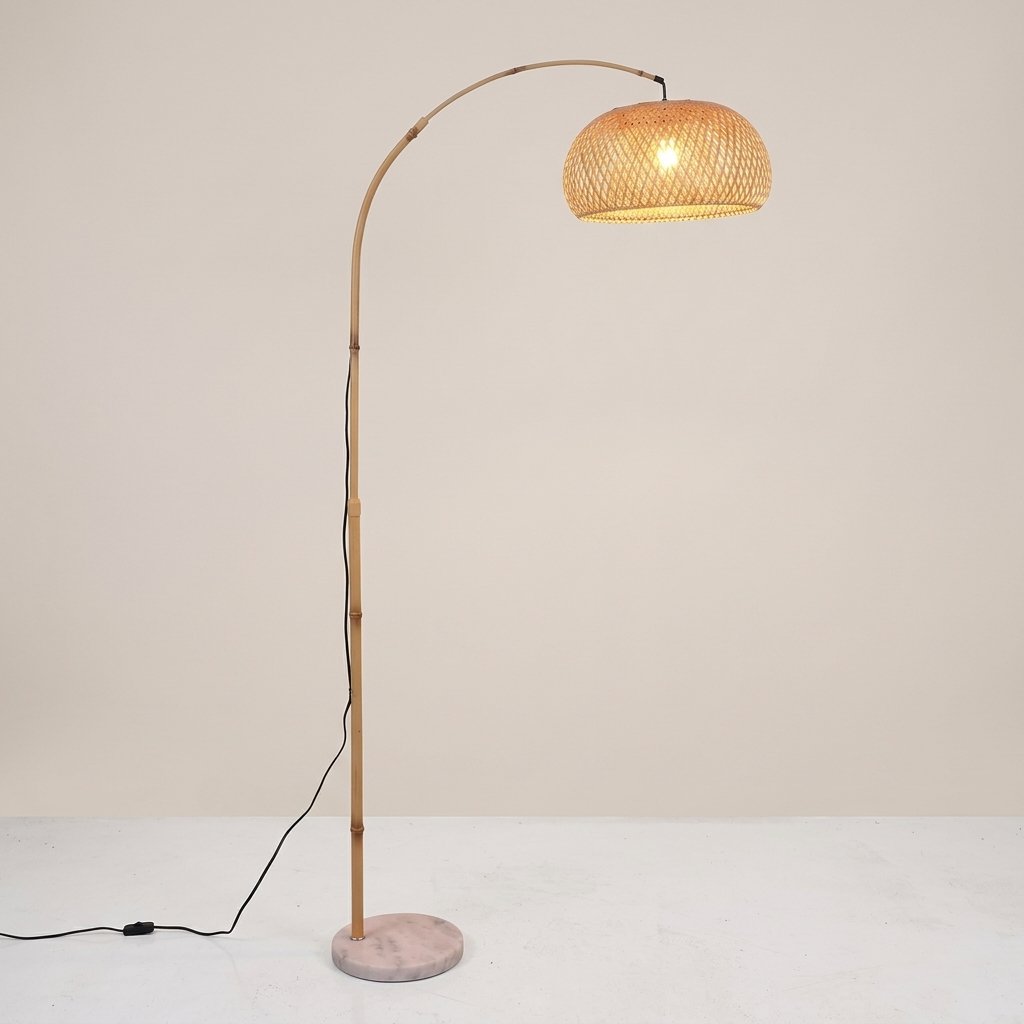 Artisanal adjustable arc floor lamp with hand-woven rattan shade and marble base 4