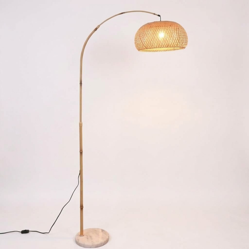 Artisanal adjustable arc floor lamp with hand-woven rattan shade and marble base 5