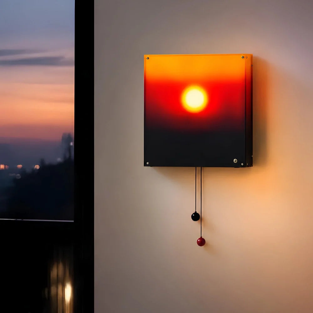 Artistic cordless rechargeable sunset wall light with pull-cord control and adjustable brightness