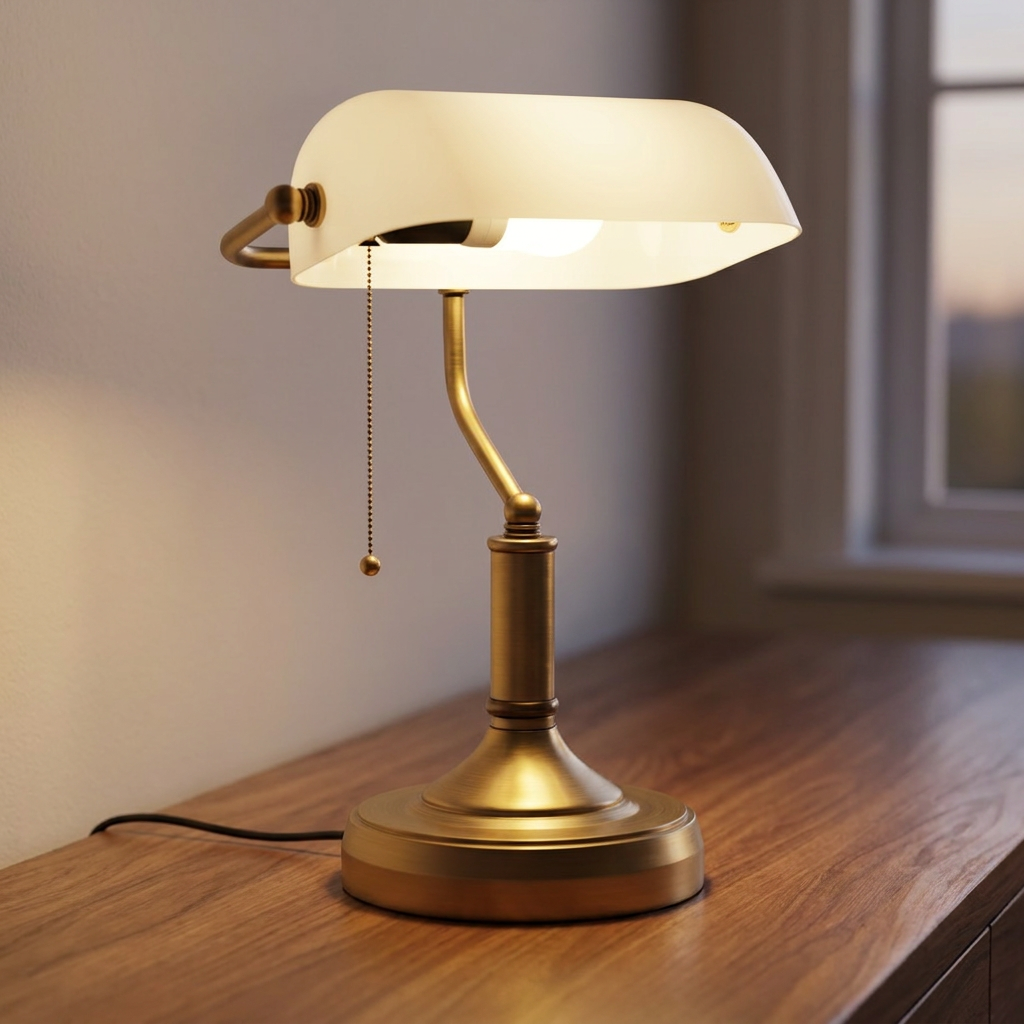 Elegant banker's desk lamp with antique brass base and white glass shade.