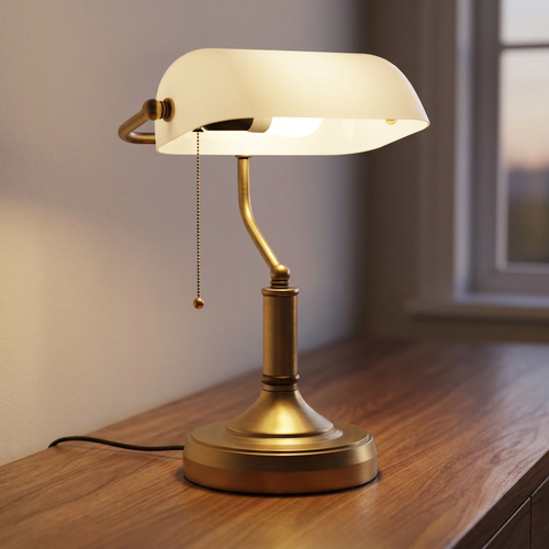 Elegant banker's desk lamp with antique brass base and white glass shade.