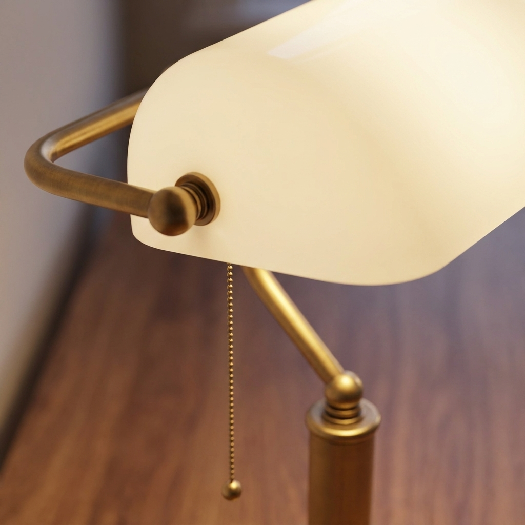 Elegant banker's desk lamp with antique brass base and white glass shade. 2