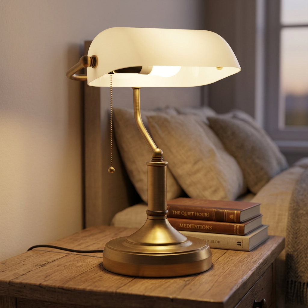 Elegant banker's desk lamp with antique brass base and white glass shade. 3