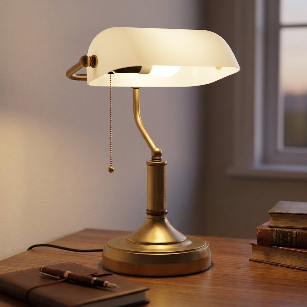Elegant banker's desk lamp with antique brass base and white glass shade. 4