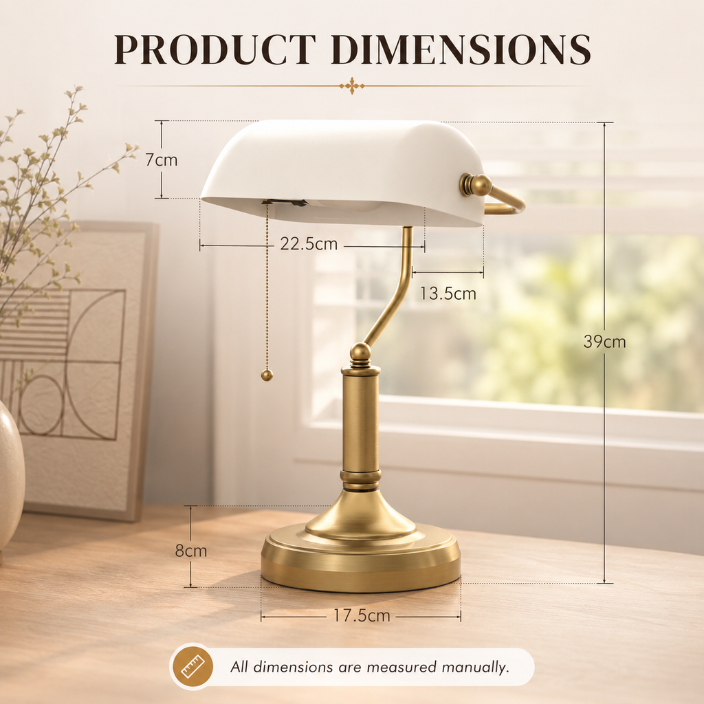 Elegant banker's desk lamp with antique brass base and white glass shade. 5