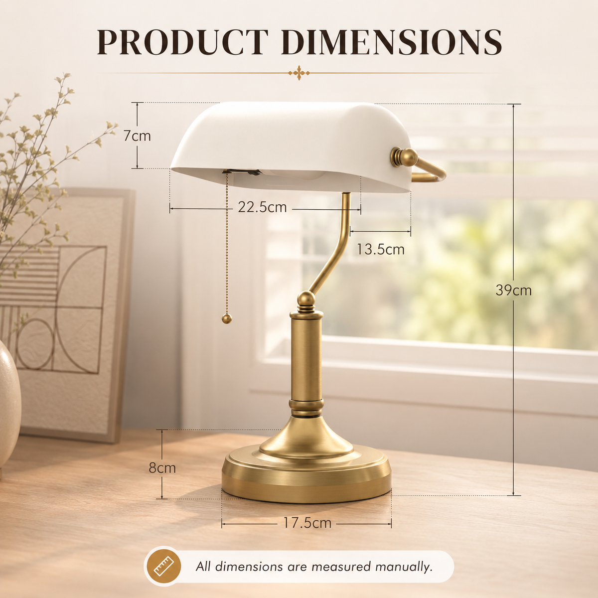 Elegant banker's desk lamp with antique brass base and white glass shade. 5