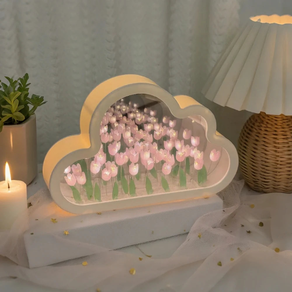 Bloomfinity Eternal Glow mirrored cloud-shaped night light with 20 glowing tulips