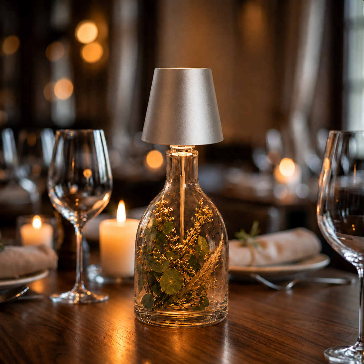 Stylish bottle stopper lamp that transforms any bottle into a beautiful table lamp.