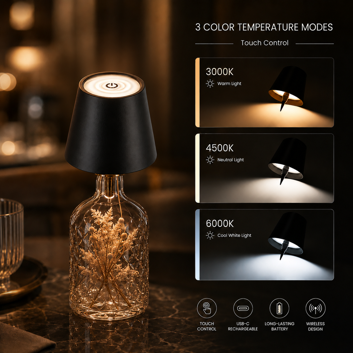 Stylish bottle stopper lamp that transforms any bottle into a beautiful table lamp. 5