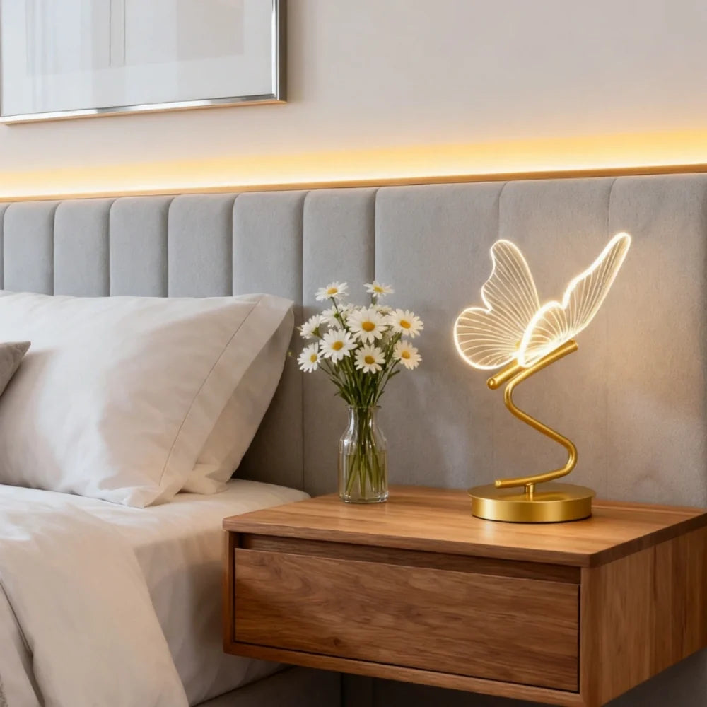 Butterfly-inspired wing table lamp with acrylic panels and adjustable lighting, rechargeable battery powered