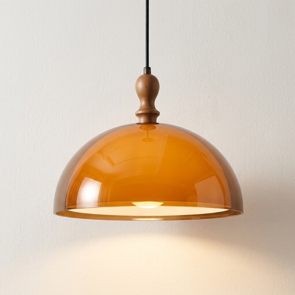 Adjustable ceiling pendant light with orange shade and vintage design.