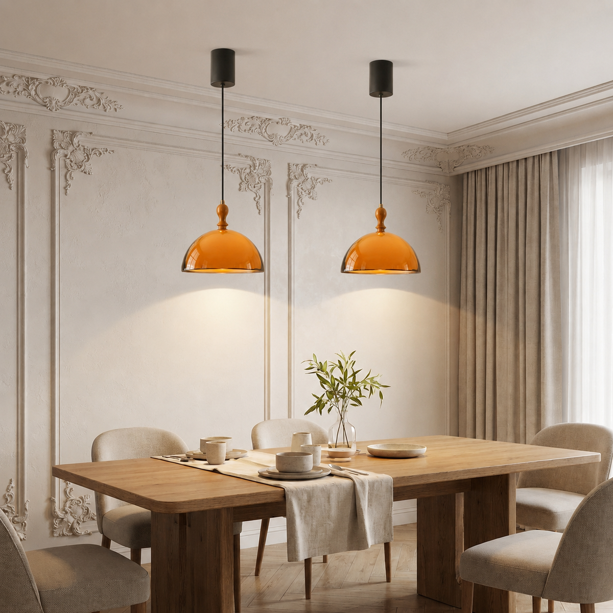 Adjustable ceiling pendant light with orange shade and vintage design. 4