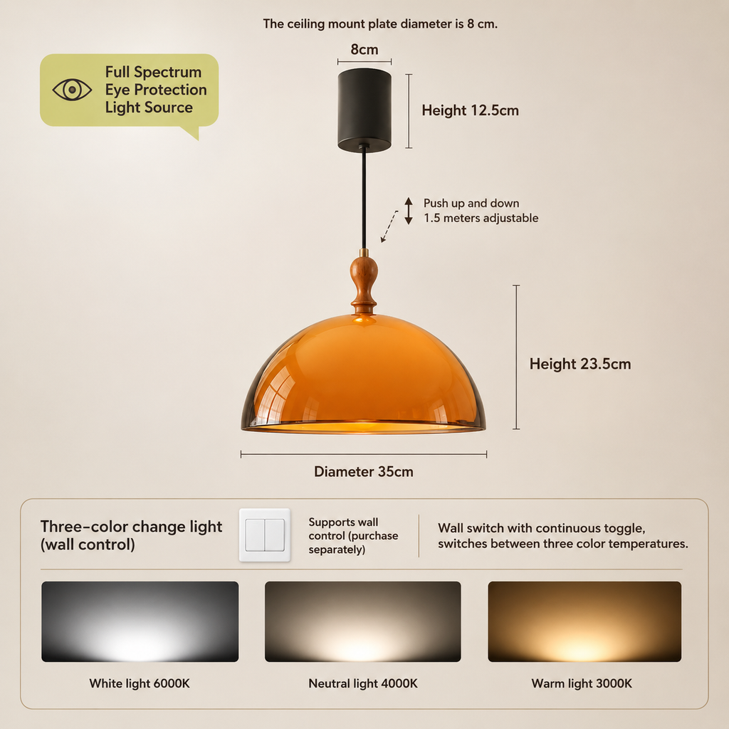 Adjustable ceiling pendant light with orange shade and vintage design. 6
