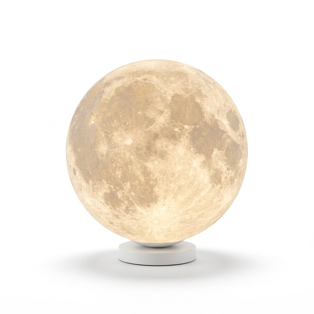 Celestial 3D moon lamp with realistic crater texture glowing on a sleek metal base