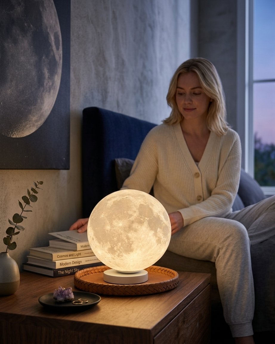 Celestial 3D moon lamp with realistic crater texture glowing on a sleek metal base 2