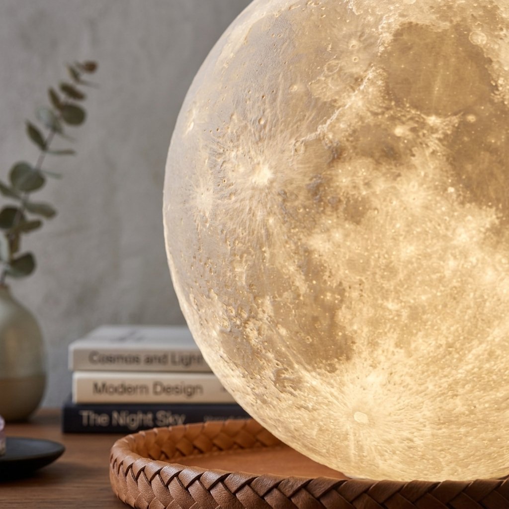 Celestial 3D moon lamp with realistic crater texture glowing on a sleek metal base 3