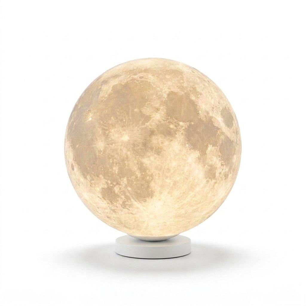 Celestial 3D moon lamp with realistic crater texture glowing on a sleek metal base 4
