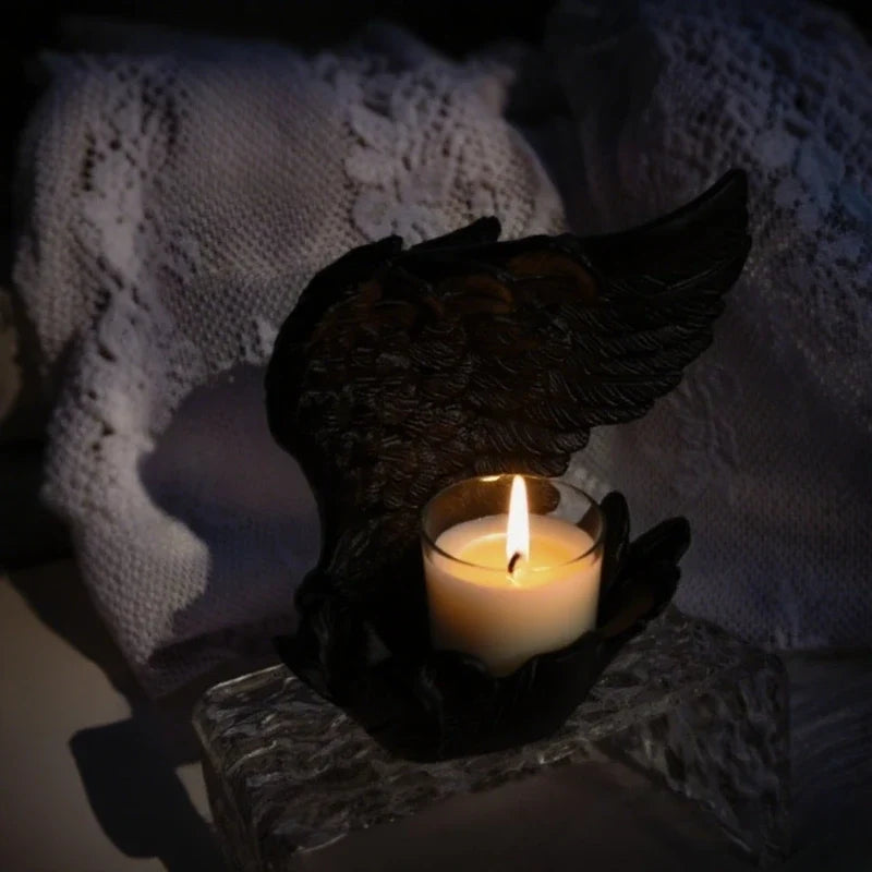 Celestial angel wings resin candle holder with intricate feathered detail and ethereal glow 11