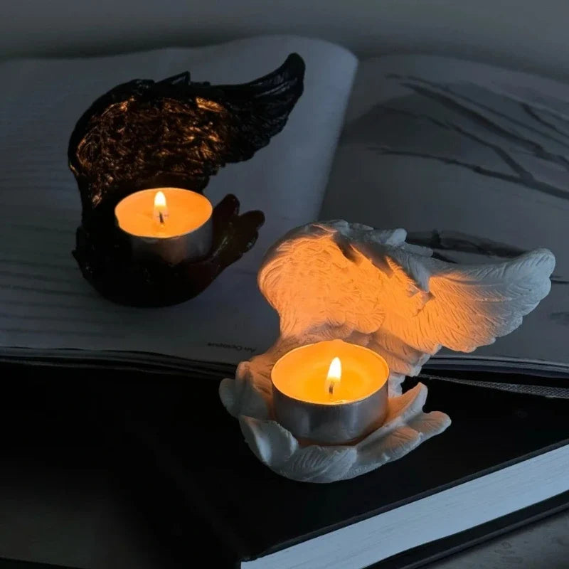 Celestial angel wings resin candle holder with intricate feathered detail and ethereal glow 5