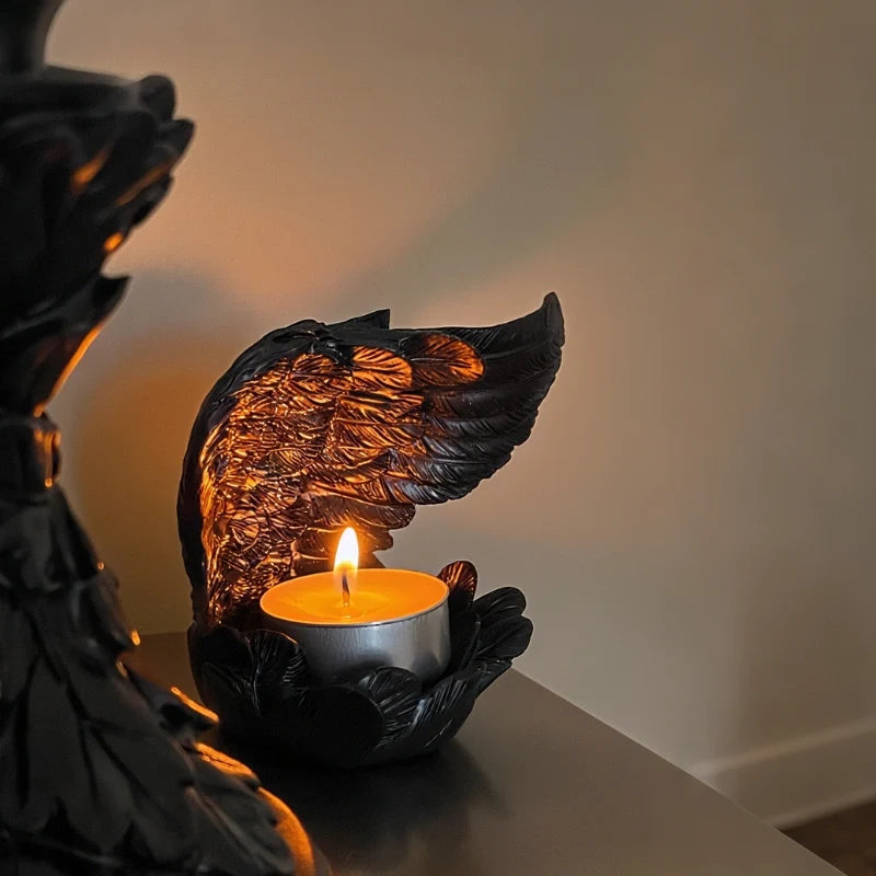 Celestial angel wings resin candle holder with intricate feathered detail and ethereal glow 6