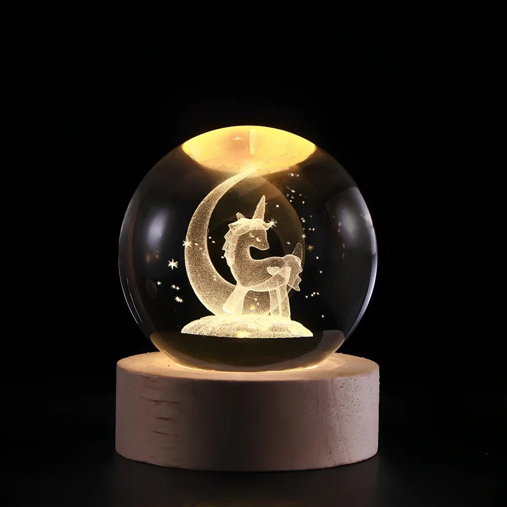 Luminous crystal ball with 3D engraved planets and space scenes, warm white LED glow 14