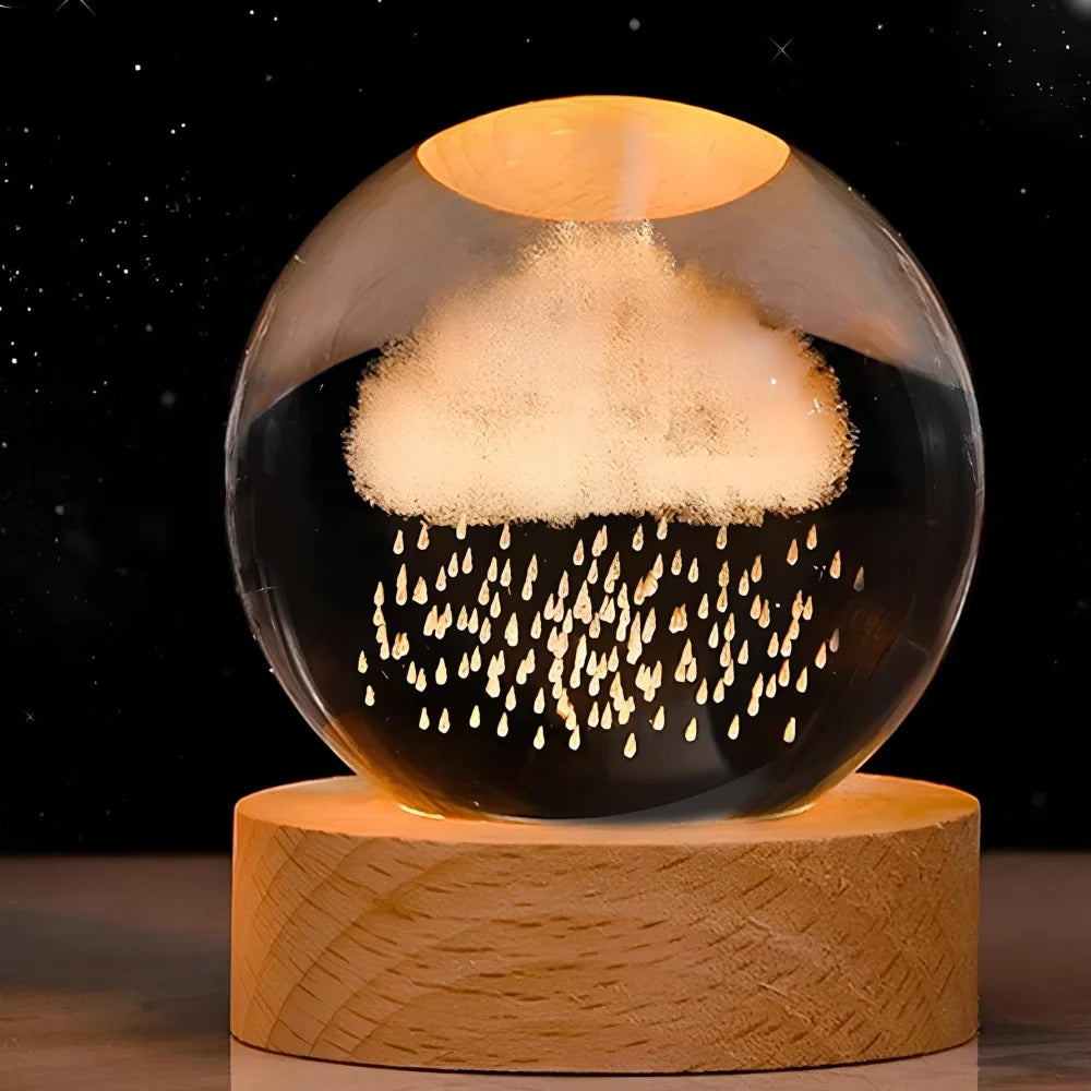 Luminous crystal ball with 3D engraved planets and space scenes, warm white LED glow 17