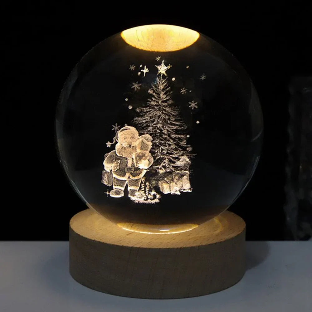 Luminous crystal ball with 3D engraved planets and space scenes, warm white LED glow 25