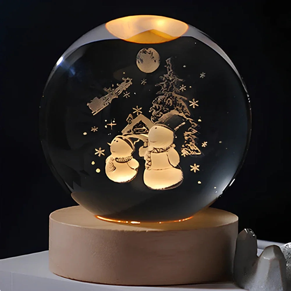 Luminous crystal ball with 3D engraved planets and space scenes, warm white LED glow 26