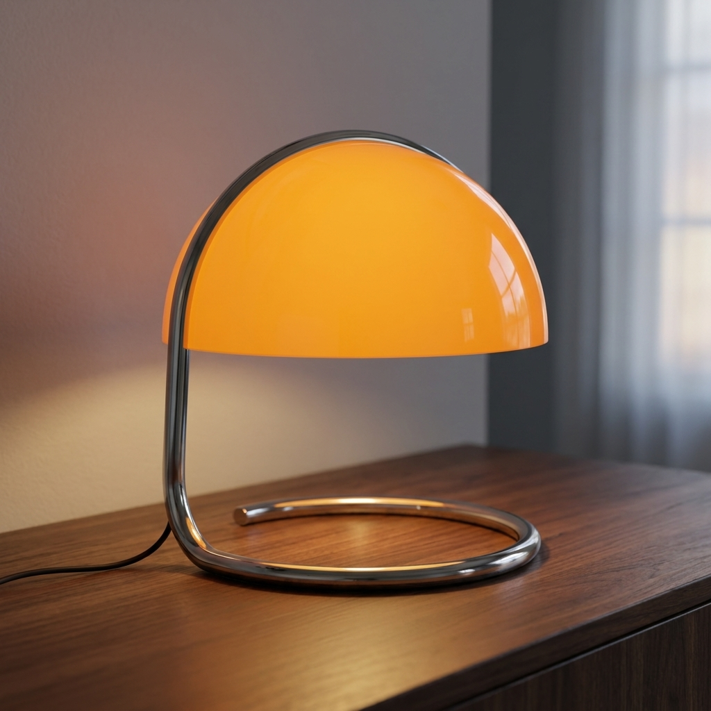Retro coiled chrome mushroom table lamp with domed acrylic shade.