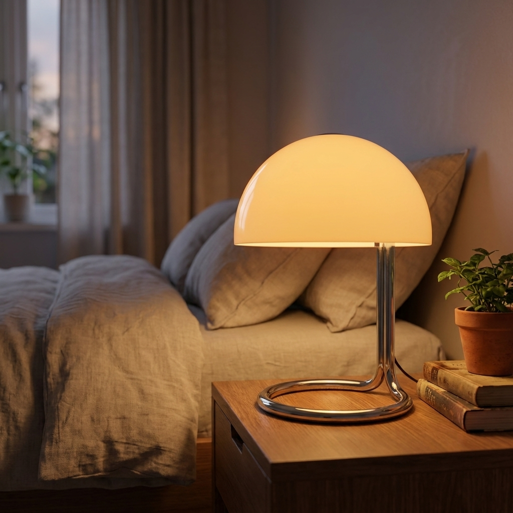 Retro coiled chrome mushroom table lamp with domed acrylic shade. 13