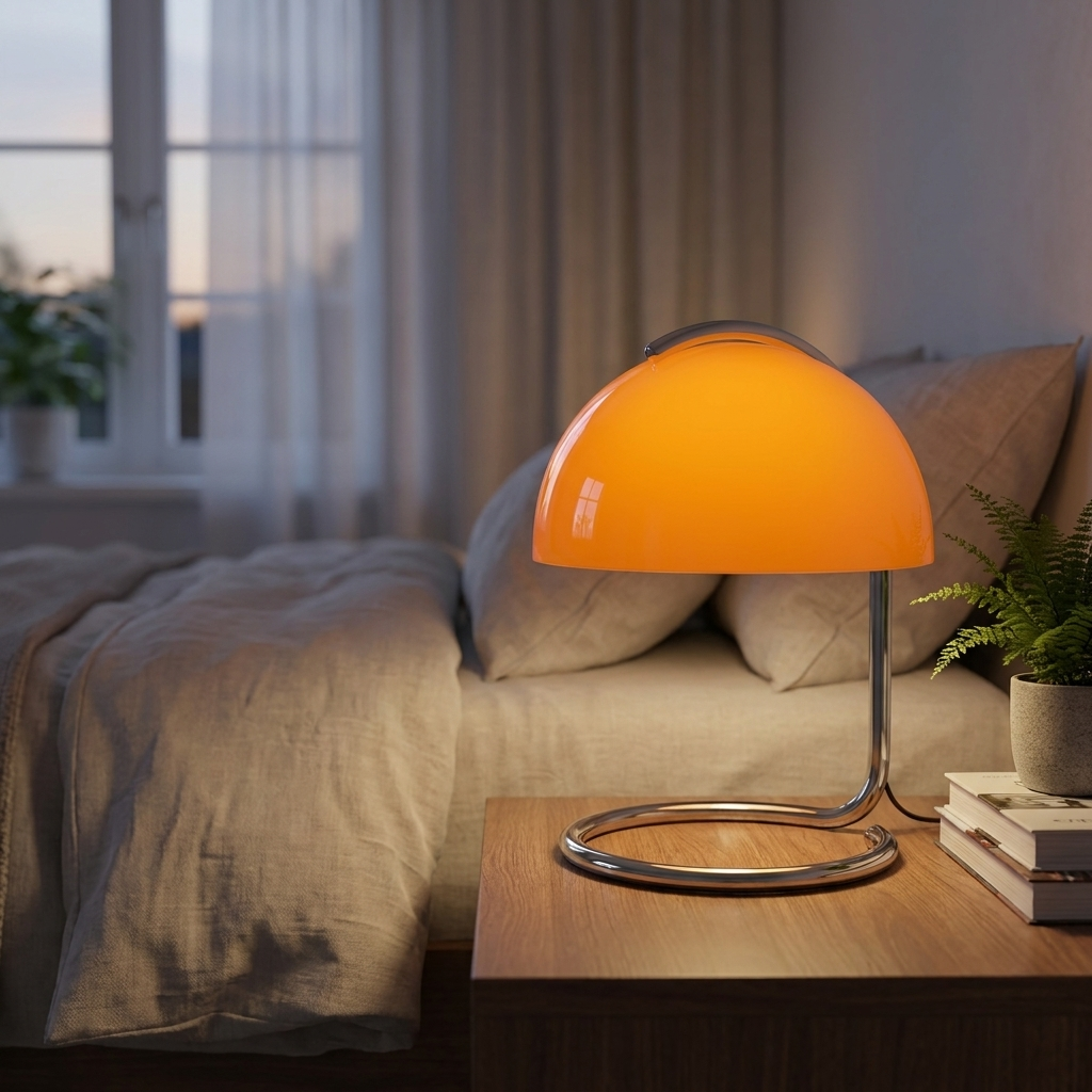 Retro coiled chrome mushroom table lamp with domed acrylic shade. 4