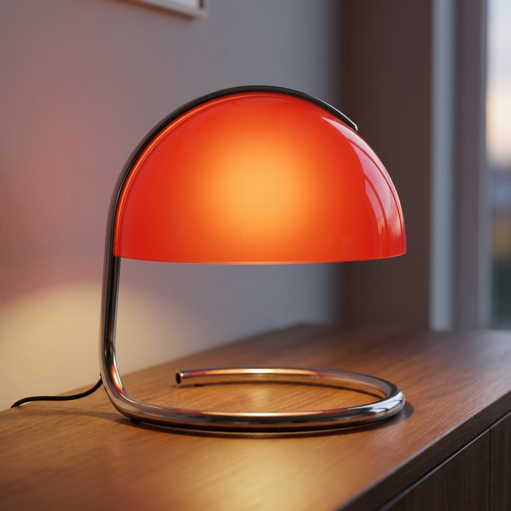 Retro coiled chrome mushroom table lamp with domed acrylic shade. 6